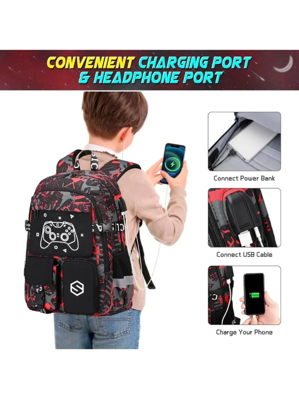 Cool Luminous Boys Backpack Set with Lunch Bag & Pencil Case, USB Charging Port
